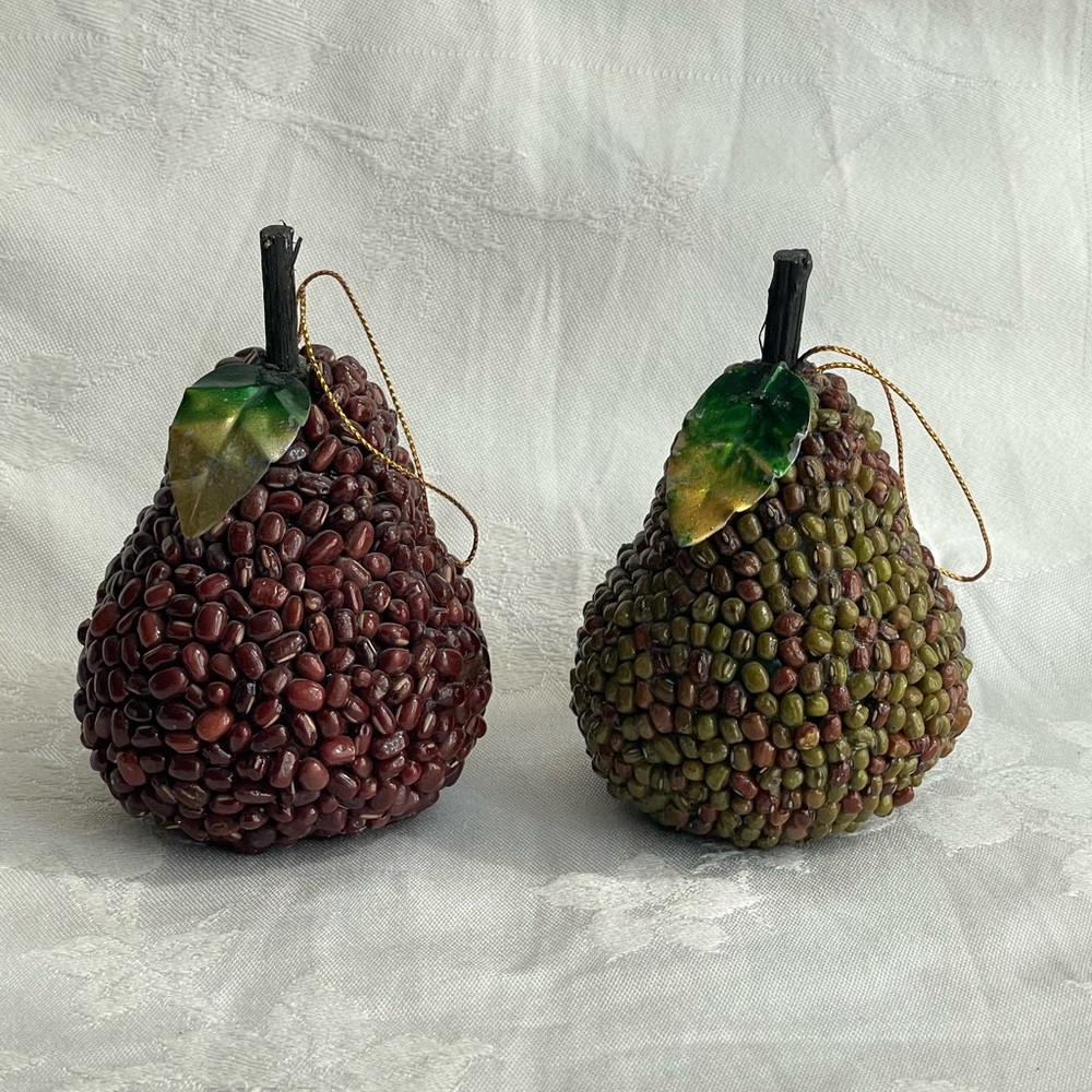 Pier 1 Beaded Pears with Metal Leaves Fall Autumn Decor Ornaments Set of 2